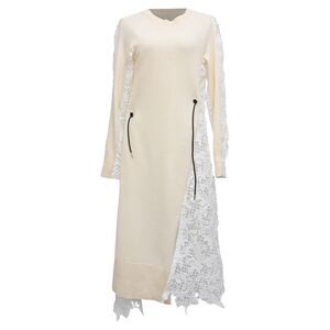 Sacai Knitted Lace Accent Long Sleeve Midi Sweater Dress in Cream Wool